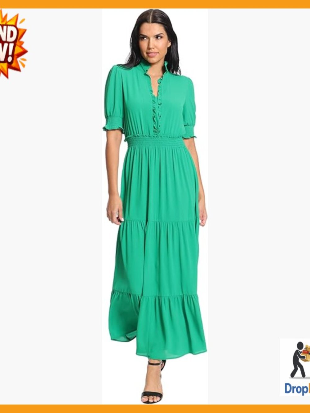 Smocked Puff Sleeve Ruffle Tiered Midi Dress Elegant Chic Casual Catalina Crepe